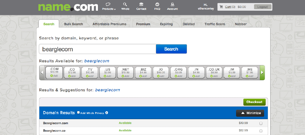 name.com domain search results page