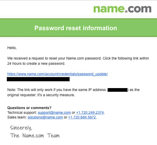 Email password reset screenshot