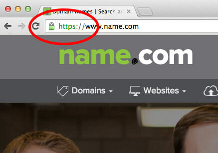 Screenshot of name.com site secured with SSL certificate