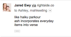 like haiku parkour/ash incorporates everyday/terms into verse
