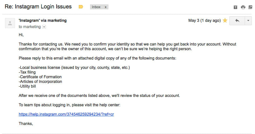 first email from Instagram