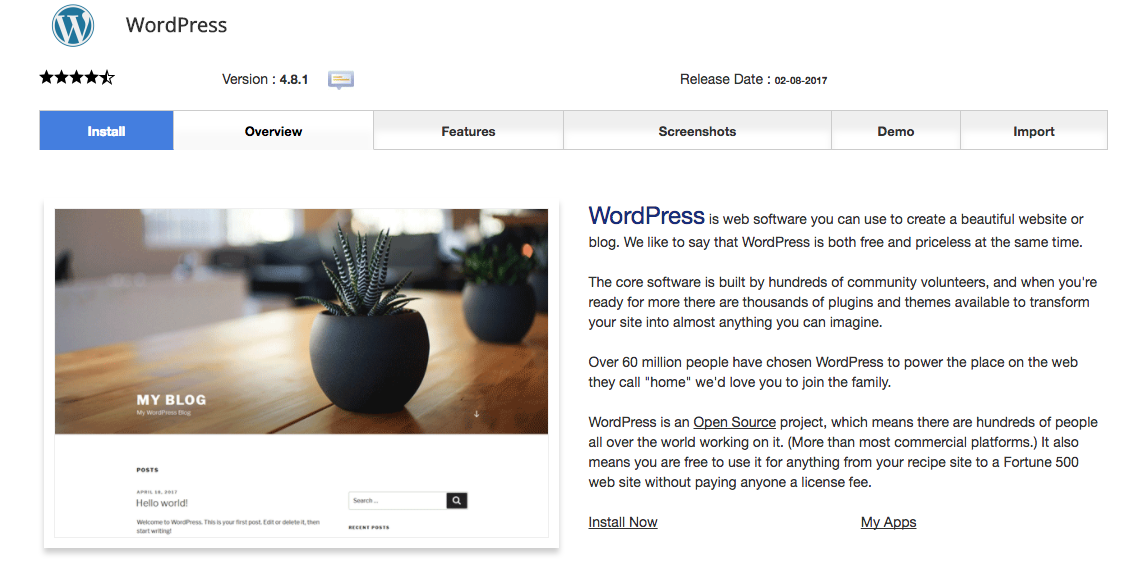 WordPress script overview page