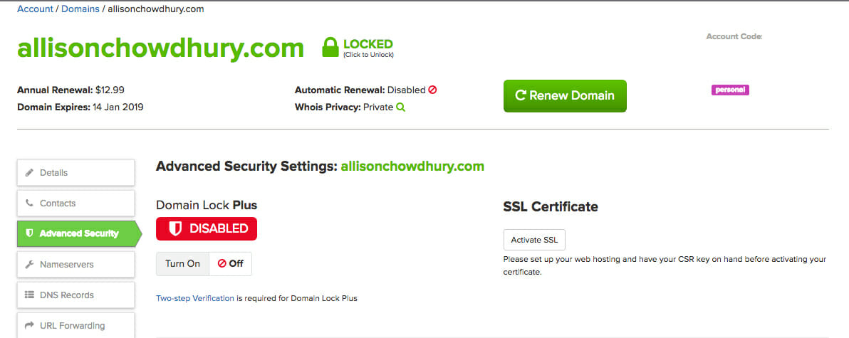 Domain details advanced security tab