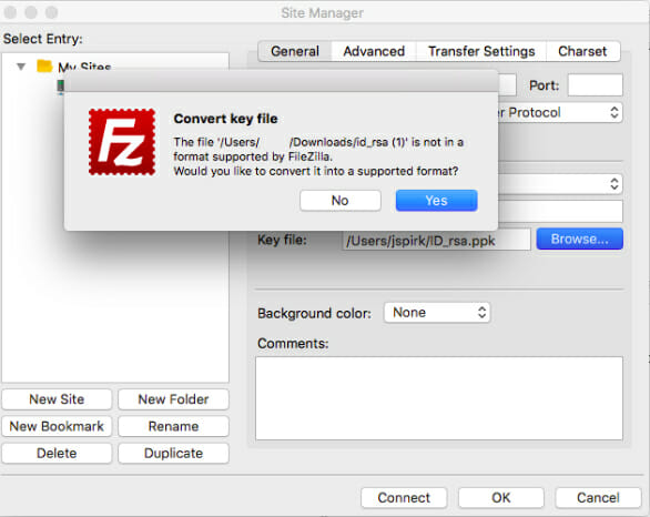 You'll see a pop up message that will ask you to convert the key file into a supported format. Say yes.