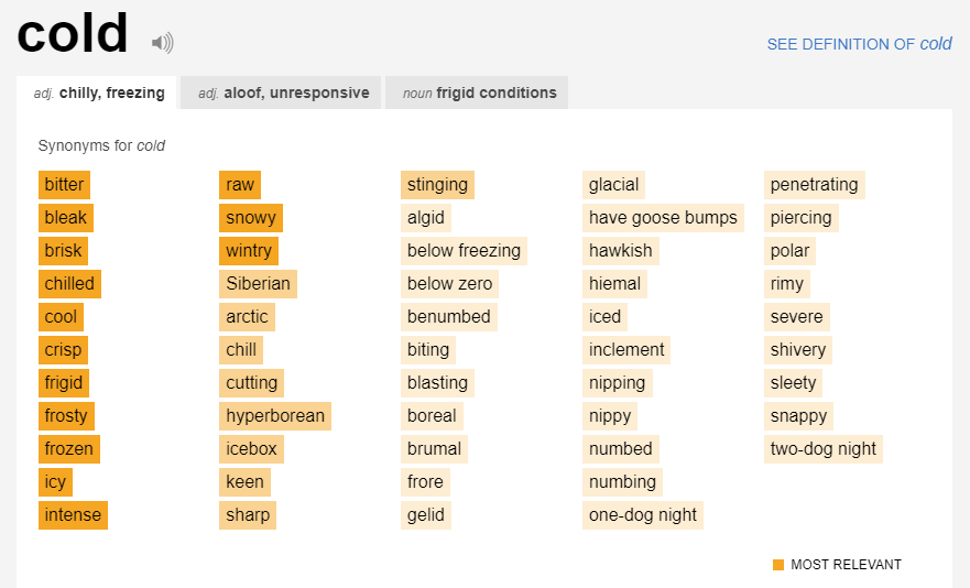 Synonyms for "cold"